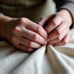 職人の手が生地を縫製している様子